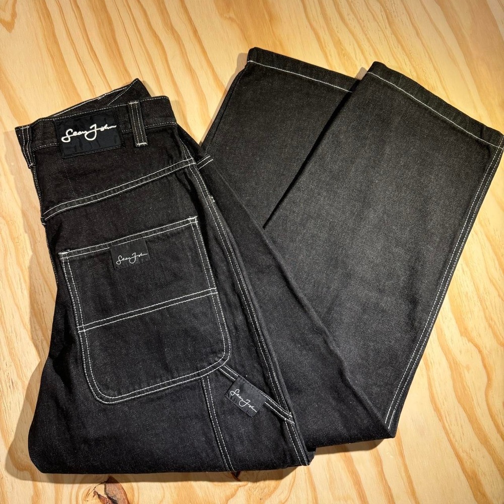 90s baggy Sean John black denim jeans with white stitching